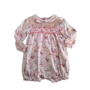 Mini Boden Pink Love Bunnies Smocked Romper